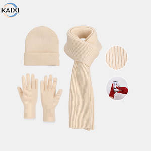 Wholesale Custom Logo Winter Outdoor Sports Solid Beanie <strong>Gloves</strong> Scarf Set for Women Warm 3 Pcs Hat Scarf With Touchscreen <strong>Gloves</strong> - Product Image 2