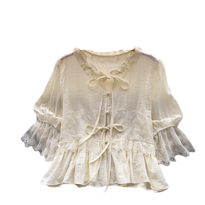 Blusa de Lino Crema para Mujer con Cuello con Volantes, Mangas Abullonadas, Capa Transparente, Estilo Dulce, Primavera Verano, Corte Holgado - Product Image 1