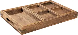 Bandeja de madera rústica con asa-Juego de platos rectangulares de 7 piezas para entretenimiento, desayuno, mesa de centro bandeja de madera