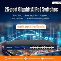 Hub Metal 19 Inch 1U 24 Port Gigabit PoE+ 2 SFP 400W untuk Kontraktor Teknik Kabinet Telekomunikasi Tegangan Rendah