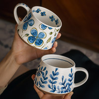 Tasse à thé en céramique artisanale rétro en grès 400 ml motif floral bleu, sans danger pour les aliments, cadeau d'affaires
