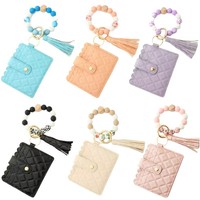 Kaarthouder sleutelhanger geweven geruite ruit gestreepte muntportemonnee dames ID creditcardhouder siliconen kwast kralen armband