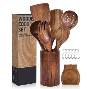Cucharas y espátula de madera de teca, utensilios de cocina naturales antiadherentes, juego de utensilios de madera para cocinar con soporte - Product Image 1