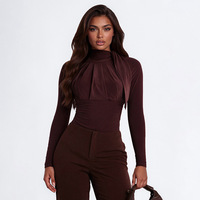 Nouvelle combinaison moulante sexy pour femme, couleur unie, col semi-montant, bretelles plissées, extensible, manches longues