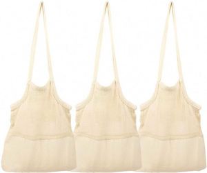 Sacs d'épicerie réutilisables Sac en filet en maille de coton biologique avec poignées Fond renforcé Shopping Groceries Beach Tote Produce bags - Product Image 1
