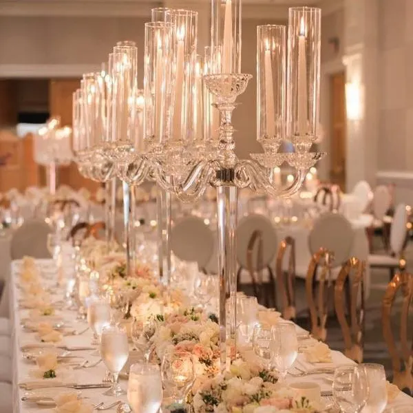 Candelabro de mesa de cristal de MH-TZ059, centro de mesa de cristal de huracán, candelabro de boda