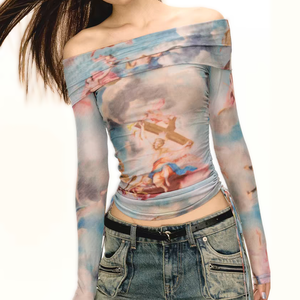 T-shirt da <span class=keywords><strong>donna</strong></span> a manica lunga monospalla in mesh, slim fit, con stampa integrale casuale di <span class=keywords><strong>immagini</strong></span> di angeli a doppio strato, di alta qualità - Product Image 1