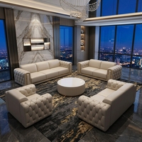 Ensemble de canapés en cuir capitonné beige moderne 3+2+1, mobilier de bureau haut de gamme avec design de style vue sur la ville