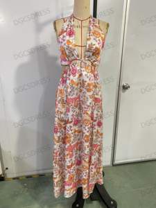 Relic Floral cuello en V Vestido Halter fuera de la manga Slip Slit Robe Bohemia Split Vestido largo Maxi Boho Beach para mujer Vestido de verano - Product Image 2