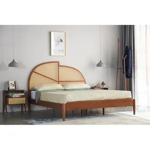 Furnitur Kamar Tidur Nordic Modern Tempat Tidur Kayu Solid Bingkai Kayu Tempat Tidur Rotan Dobel 1.5M 1.8M Tempat Tidur