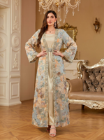 Ensemble Abaya Ouverte 2 Pièces pour Adultes en Polyester, Robe Musulmane Vintage à Imprimé Floral avec Bordure Strass, Kimono Extérieur et Satin Intérieur, Modeste pour Mariage