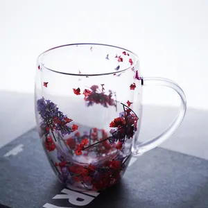 OEM/ODM Eco Friendly Insulated Ins Style Glass Mug Cup With Dry Flower Fillings