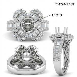 Bague semi-montée Majestic en or blanc massif 18 carats, design floral à quatre feuilles, halo de diamants baguette et ronds, conception de haute joaillerie sur mesure - Product Image 5