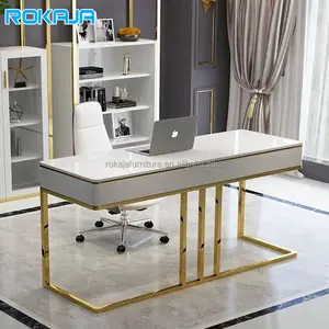 简约设计办公桌白漆现成电脑桌带抽屉办公家居家具闪亮钛书桌