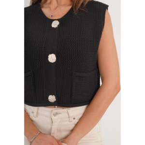 Chaleco Negro de Punto para Mujer, Sin Mangas, con Botones Dorados, Bolsillos Dobles, Prenda Exterior, 100% Acrílico, Tejido de Lana - Product Image 1
