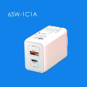 65W 1C1A Quick ChargerTravel Power Adapter GaN Dual USB C Port PD 3.0 Wall Charger