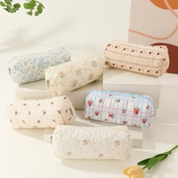 Tempat Pensil Resleting Berbahan Kain Quilted Sederhana untuk Siswa, Tempat Kuas Makeup, Tempat Penyimpanan Kosmetik, Tempat Penyimpanan Perjalanan Kecil Bermotif Bunga, Portabel, Lucu, dan Trendi