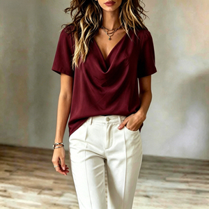 Blusa Casual DOVEARK con Logotipo Personalizado, Cuello en V, <span class=keywords><strong>Manga</strong></span> <span class=keywords><strong>Corta</strong></span>, Color Sólido, Corte Holgado, Textura Drapeada, Efecto Adelgazante para Mujer - Product Image 4