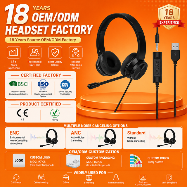 Shenzhen Headphone Manufacturer OEM Office Computer Call Center Microphone Headphone USB2.0 3.5MM Custom Wired Headset
