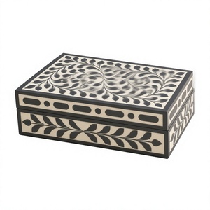 Boîte de rangement élégante et luxueuse en os incrusté, organisateur de bijoux en bois abstrait fait main avec finition décorative noir et blanc pour - Product Image 1