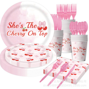 Cherry <b>Bow</b> Party Supplies Paper Plates Cups Napkins Straws Utensils 60-80 Pcs Birthday Party Decorations Cartoon Style - Product Image 2