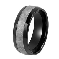 Bague pour homme en zirconium noir de 8 mm, bande plate avec milgrain inversé et incrustation de météorite Muonionalusta authentique