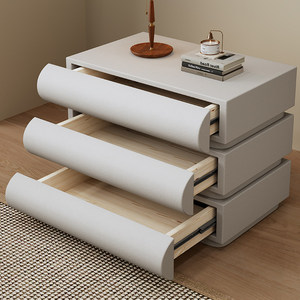 Comodino in Legno Massello Stile Crema con Luce, Semplice e Moderno, Minimalista Francese, Bianco a Mezzaluna con Tre Cassetti - Product Image 6