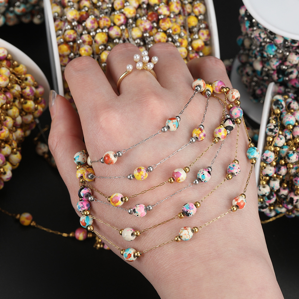 6mm Porcelain Beads Chain Vacuum Color-preserving Plating Stainless Steel Chain for Jewelry Making Findings