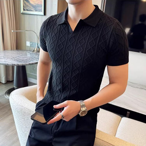 เสื้อโปโลผู้ชาย แขนสั้น ทรงเข้ารูป สีขาว ดำ เทา น้ำตาล สีพื้น คอวี คอปกนกนางนวล สไตล์ฤดูร้อน - Product Image 2