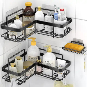 Lot de 3 étagères de salle de bain noires support de <span class=keywords><strong>douche</strong></span> d'angle adhésif mural étagère d'angle de bain <span class=keywords><strong>dans</strong></span> la salle de bain avec porte-savon - Product Image 1