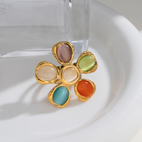 Großhandel Damen Bunter Blumenring Goldton Katzenauge-Stein Cocktail Statement Edelstahl Süßer Schmuck
