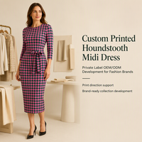 Robe midi personnalisée à imprimé pied-de-poule rose et vert pour femmes |   Robe cintrée à manches 3/4 avec ceinture à nouer à la taille |   Usine de fabrication OEM/ODM en marque blanche