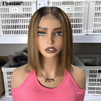 Perruque en cheveux humains Remy transparente de 10 pouces, 13*4 pour Lace Front, coupe courte bob, mèches marron clair, densité 180%, pour femmes