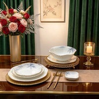 Service de vaisselle en porcelaine fine à motif de feuilles bleues, rond et carré, pour la maison et les réceptions