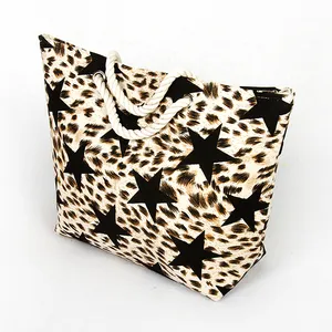 Bolso grande de lona con estampado de leopardo para mujer, bolsa de mano de alta capacidad con asa de cuerda personalizada para playa, de lujo, venta al por mayor