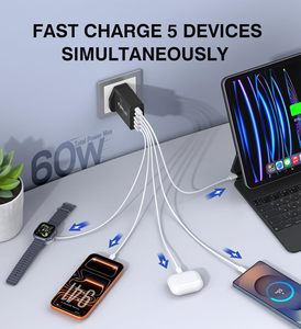 Bloc <span class=keywords><strong>chargeur</strong></span> USB C HYTO 60W, <span class=keywords><strong>chargeur</strong></span> rapide USB C 5 ports, adaptateur secteur PD20W pour <span class=keywords><strong>iPhone</strong></span> 17 - Product Image 2