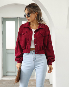 Veste décontractée en velours côtelé à revers pour <span class=keywords><strong>femme</strong></span>, style européen et américain, manches régulières, bouton unique, courte, 100 % polyester, collection automne-hiver - Product Image 6