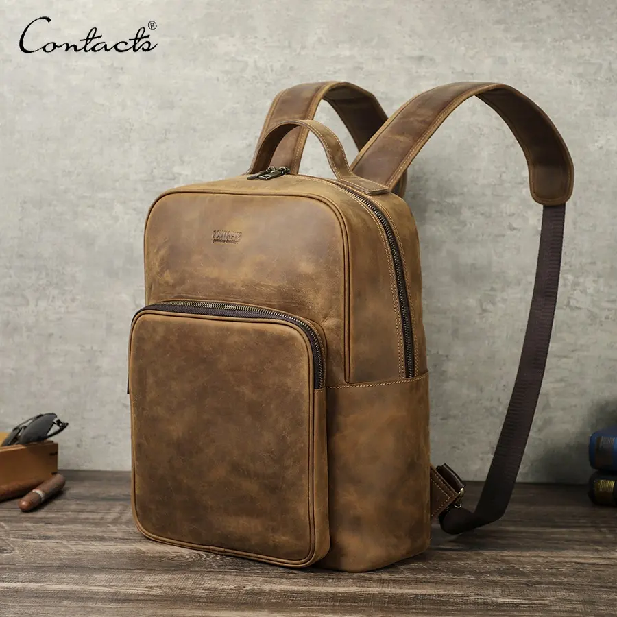 CONTACTS Large Capacity Vintage Shoulder Bag Crazy Horse Leather Men Travel Laptop Casual Sports Backpacks for 16'' Laptop