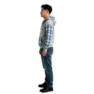 Vente en gros Sweat à capuche zippé unisexe en molleton 100% coton avec logo personnalisé, patchwork à carreaux et manches en flanelle TKAN9112 - Product Image 2