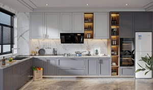 Armoire de <span class=keywords><strong>cuisine</strong></span> de style farmhouse peinte sur mesure, couleur au choix |   Haut blanc, <span class=keywords><strong>bas</strong></span> marine |   MDF personnalisé |   Fabricant - Product Image 5