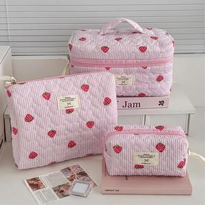 Custom Strawberry Stripes Pink Cosmetic <b>Bag</b> Print Large Capacity Portable Travel Storage Pouch Quilted Makeup Toiletry <b>Bag</b> - Product Image 1