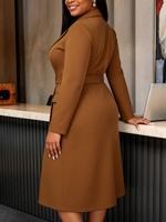 ADR060323 Robe élégante d'hiver à manches longues marron, robe de bureau formelle à double boutonnage avec ceinture