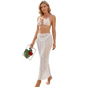 Ensemble bikini 3 pièces au crochet géométrique, maillot de bain triangle dos nu à nouer sur les côtés, jupe longue en dentelle pour femme, séchage rapide, idéal plage - Product Image 1