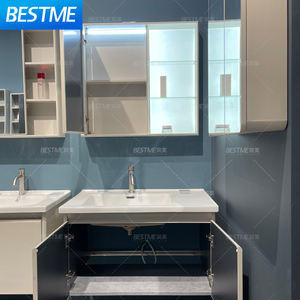 Meuble de toilette crème : armoire en acier inoxydable + armoire à miroir en nid d'abeille en aluminium |   Lavabo en céramique, double porte entièrement en acier inoxydable, armoire à miroir à porte simple - Product Image 5