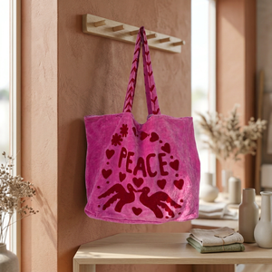 Wholesale Custom Handmade Pink Velvet Tote <b>Bag</b> Featuring Dark Red PEACE Lettering Doves <b>Hearts</b> and Floral Applique Embroidery - Product Image 5
