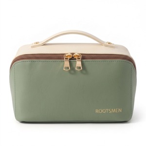 Trousse de toilette bicolore vert sauge et crème en cuir PU, étui à cosmétiques avec poignée supérieure crème, fermeture éclair dorée, logo personnalisé OEM - Product Image 3