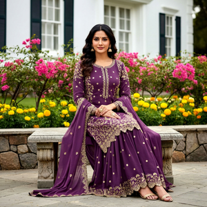 Dusty Lavender <b>Gold</b> Embroidered Georgette Sharara Suit Pastel Theme Day Wedding Sangeet Brunch Mehendi Guest 3-Piece Wear - Product Image 1