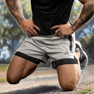 2026 Summer Fitness Double-Layer <b>Men's</b> Elastic Waist Knitted Solid Quick-Dry Breathable Stretchy Mesh Running Sports <b>Shorts</b> - Product Image 2