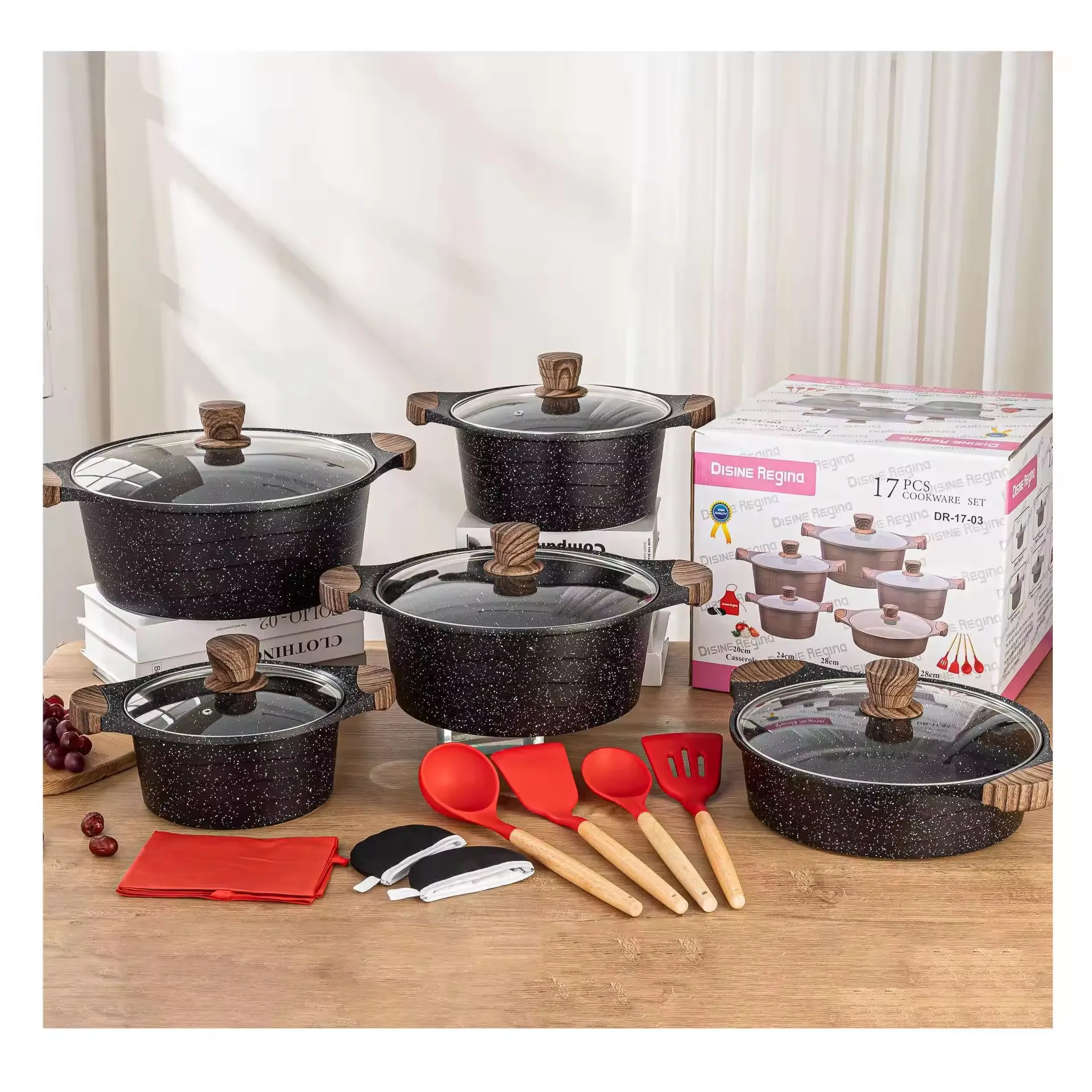 Juego de utensilios de cocina RU 10 Uds 20-24-28-32cm cacerola cubierta de madera y Pomo