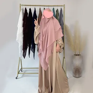 3316 Kuwii Groothandel Hijab Khimar Effen Kleur Khimar Chiffon Dubai Jilbab Met Niqab Turkse 3 Laag Khimar